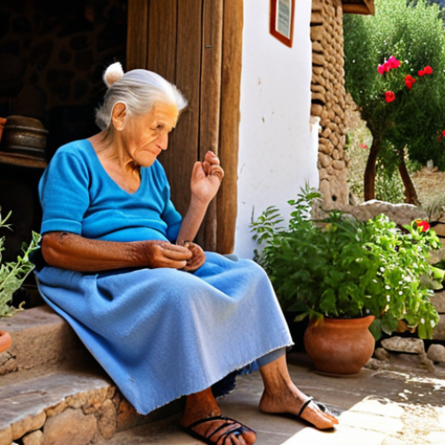 **

Prompt: *A warm, candid photo of Doña Elena, an elderly woman with kind eyes, sitting on her porch in a small, sun-drenched village in the Alpujarra mountains of Spain. She's surrounded by herbs and plants, gesturing as she shares her knowledge of traditional medicinal remedies with a young apprentice. The scene should evoke a sense of generational wisdom being passed down.*

**