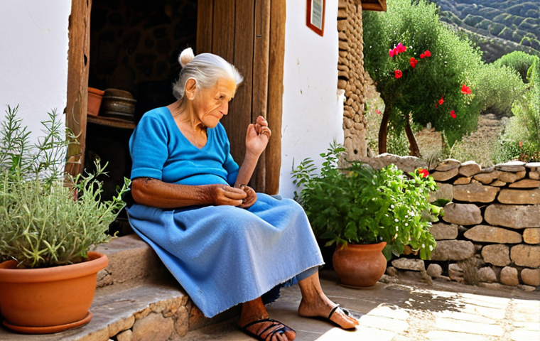 **
Prompt: *A warm, candid photo of Doña Elena, an elderly woman with kind eyes, sitting on her porch in a small, sun-drenched village in the Alpujarra mountains of Spain. She's surrounded by herbs and plants, gesturing as she shares her knowledge of traditional medicinal remedies with a young apprentice. The scene should evoke a sense of generational wisdom being passed down.*
**