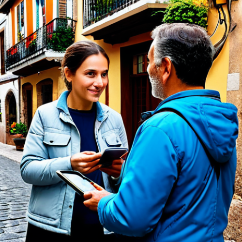 A professional female urban explorer, in her late 20s, wearing modest, practical outdoor attire like a durable jacket and comfortable trousers. She is standing on a charming cobblestone street in a historic Spanish town, gently conversing with a friendly senior artisan in traditional clothing who is standing outside his small, authentic pottery shop. The woman holds a tablet displaying a local map, pointing to a detail. The street is lined with beautifully preserved historic buildings with flowering balconies, narrow and sunlit, evoking a strong sense of local culture and authenticity. Natural daylight, soft and inviting. Professional photography, realistic, high detail, vibrant colors. perfect anatomy, correct proportions, natural pose, well-formed hands, proper finger count, natural body proportions, professional dress, appropriate attire, fully clothed, modest clothing, safe for work, appropriate content, family-friendly, high quality, stunning realism.