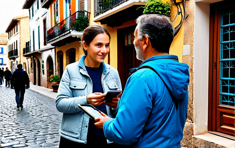 A professional female urban explorer, in her late 20s, wearing modest, practical outdoor attire like a durable jacket and comfortable trousers. She is standing on a charming cobblestone street in a historic Spanish town, gently conversing with a friendly senior artisan in traditional clothing who is standing outside his small, authentic pottery shop. The woman holds a tablet displaying a local map, pointing to a detail. The street is lined with beautifully preserved historic buildings with flowering balconies, narrow and sunlit, evoking a strong sense of local culture and authenticity. Natural daylight, soft and inviting. Professional photography, realistic, high detail, vibrant colors. perfect anatomy, correct proportions, natural pose, well-formed hands, proper finger count, natural body proportions, professional dress, appropriate attire, fully clothed, modest clothing, safe for work, appropriate content, family-friendly, high quality, stunning realism.