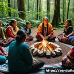 Home 19 토착지식 데이터베이스의 주요 구성 요소 - A vibrant scene of an indigenous community gathering outdoors in a lush forest setting, elders and y...