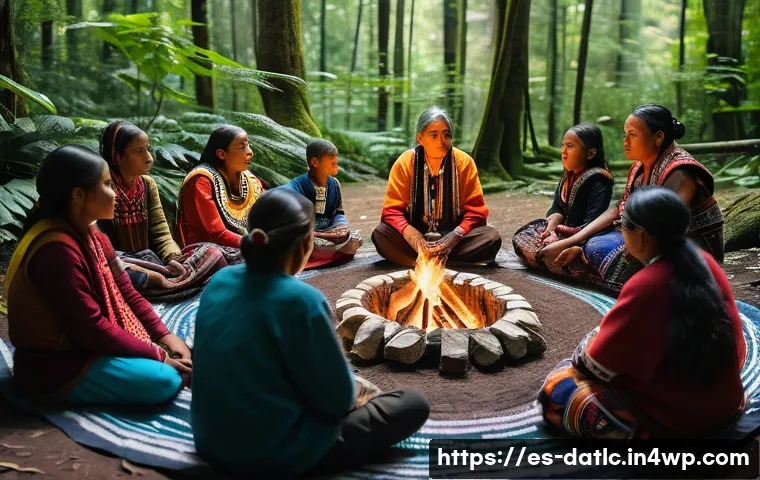 토착지식 데이터베이스의 주요 구성 요소 - A vibrant scene of an indigenous community gathering outdoors in a lush forest setting, elders and y...