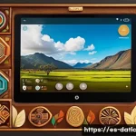 Home 18 토착지식 데이터베이스의 데이터 시각화 기법 - A vibrant digital interface designed for indigenous communities, featuring large, colorful icons and...