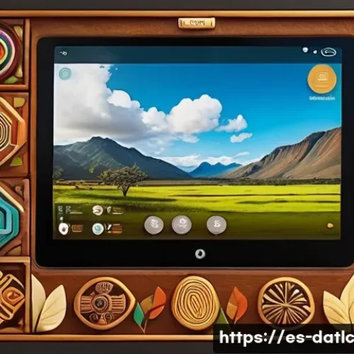 Home 28 토착지식 데이터베이스의 데이터 시각화 기법 - A vibrant digital interface designed for indigenous communities, featuring large, colorful icons and...