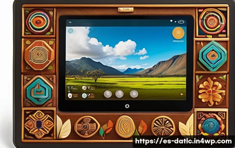 토착지식 데이터베이스의 데이터 시각화 기법 - A vibrant digital interface designed for indigenous communities, featuring large, colorful icons and...