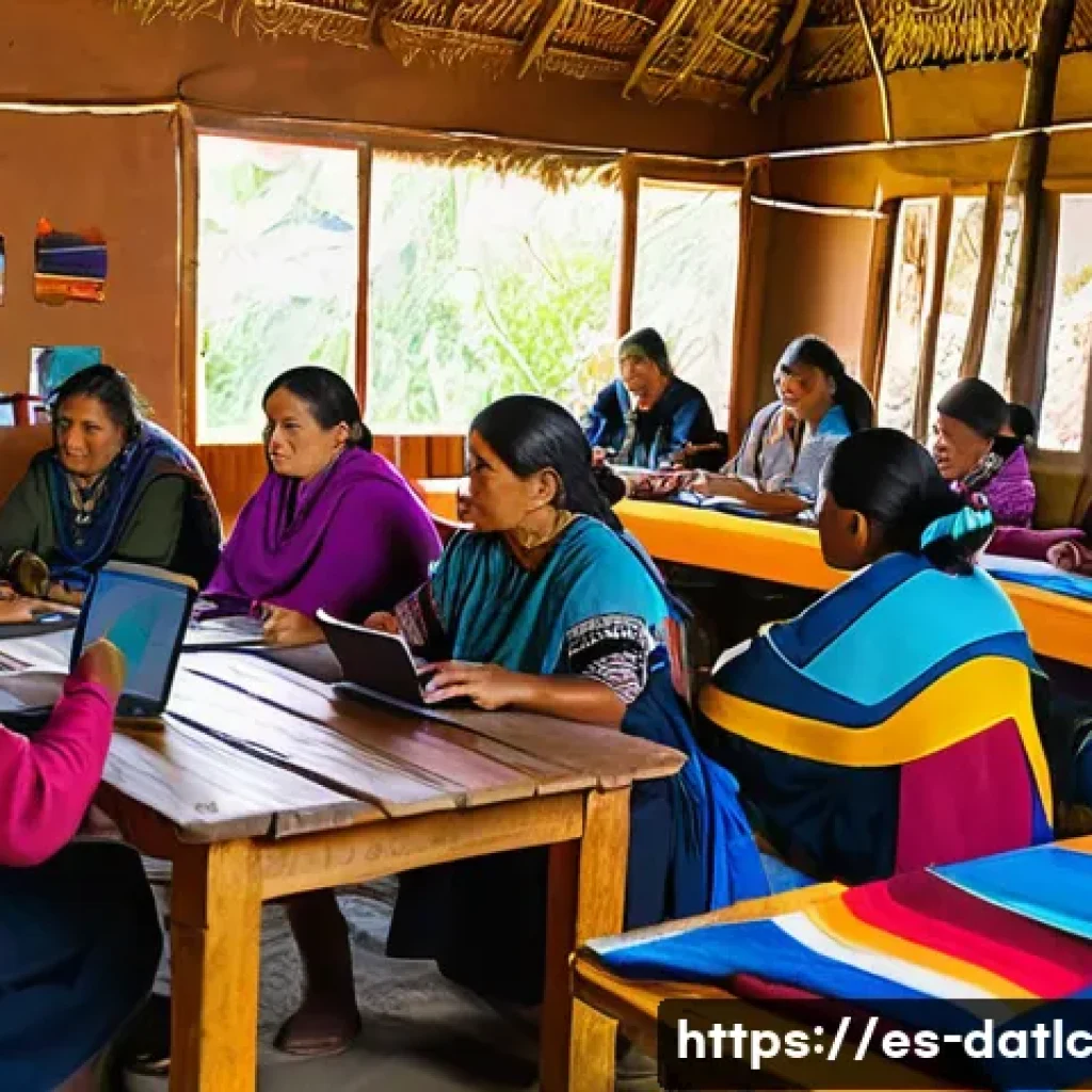 토착지식 데이터베이스의 지속 가능한 운영 모델 - A vibrant community workshop scene in a Latin American indigenous village, showing diverse local peo...
