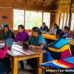 Home 17 토착지식 데이터베이스의 지속 가능한 운영 모델 - A vibrant community workshop scene in a Latin American indigenous village, showing diverse local peo...