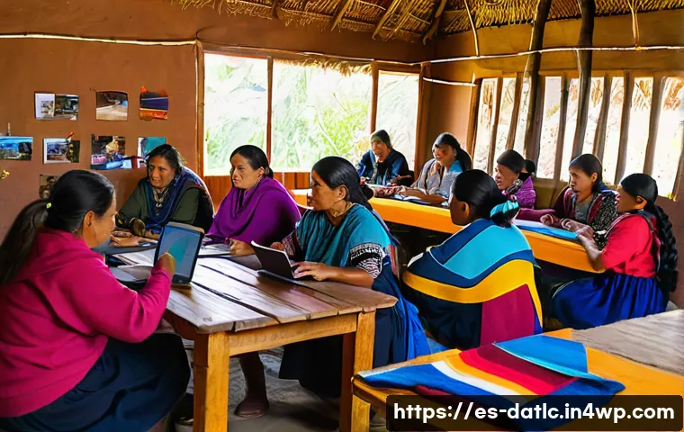 토착지식 데이터베이스의 지속 가능한 운영 모델 - A vibrant community workshop scene in a Latin American indigenous village, showing diverse local peo...