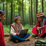 Home 16 토착지식 데이터베이스의 보안과 개인정보 보호 - A vibrant scene depicting an indigenous community gathered outdoors in a lush forest clearing, elder...
