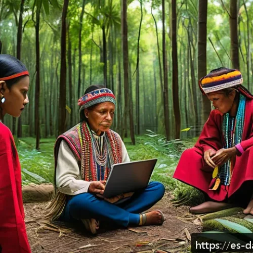 Home 26 토착지식 데이터베이스의 보안과 개인정보 보호 - A vibrant scene depicting an indigenous community gathered outdoors in a lush forest clearing, elder...
