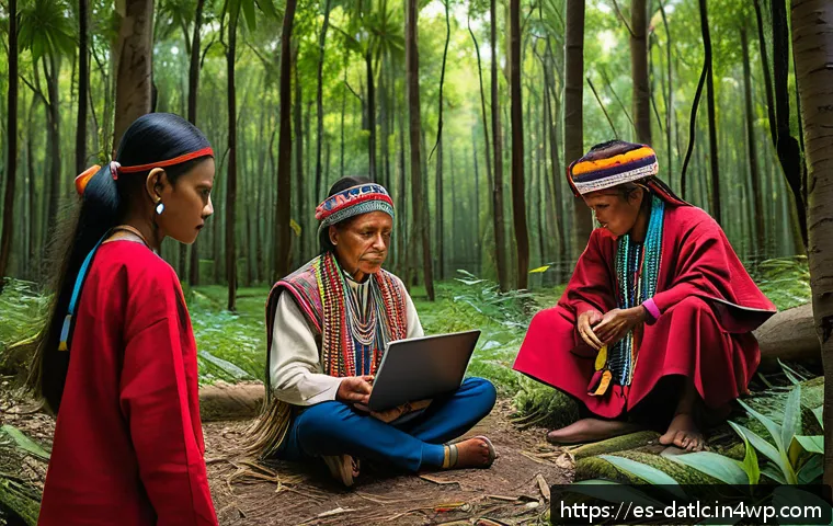 토착지식 데이터베이스의 보안과 개인정보 보호 - A vibrant scene depicting an indigenous community gathered outdoors in a lush forest clearing, elder...