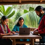 Home 20 토착지식 데이터베이스의 국제적 사례 분석 - A respectful digital collaboration scene showing Indigenous leaders and technology experts working t...